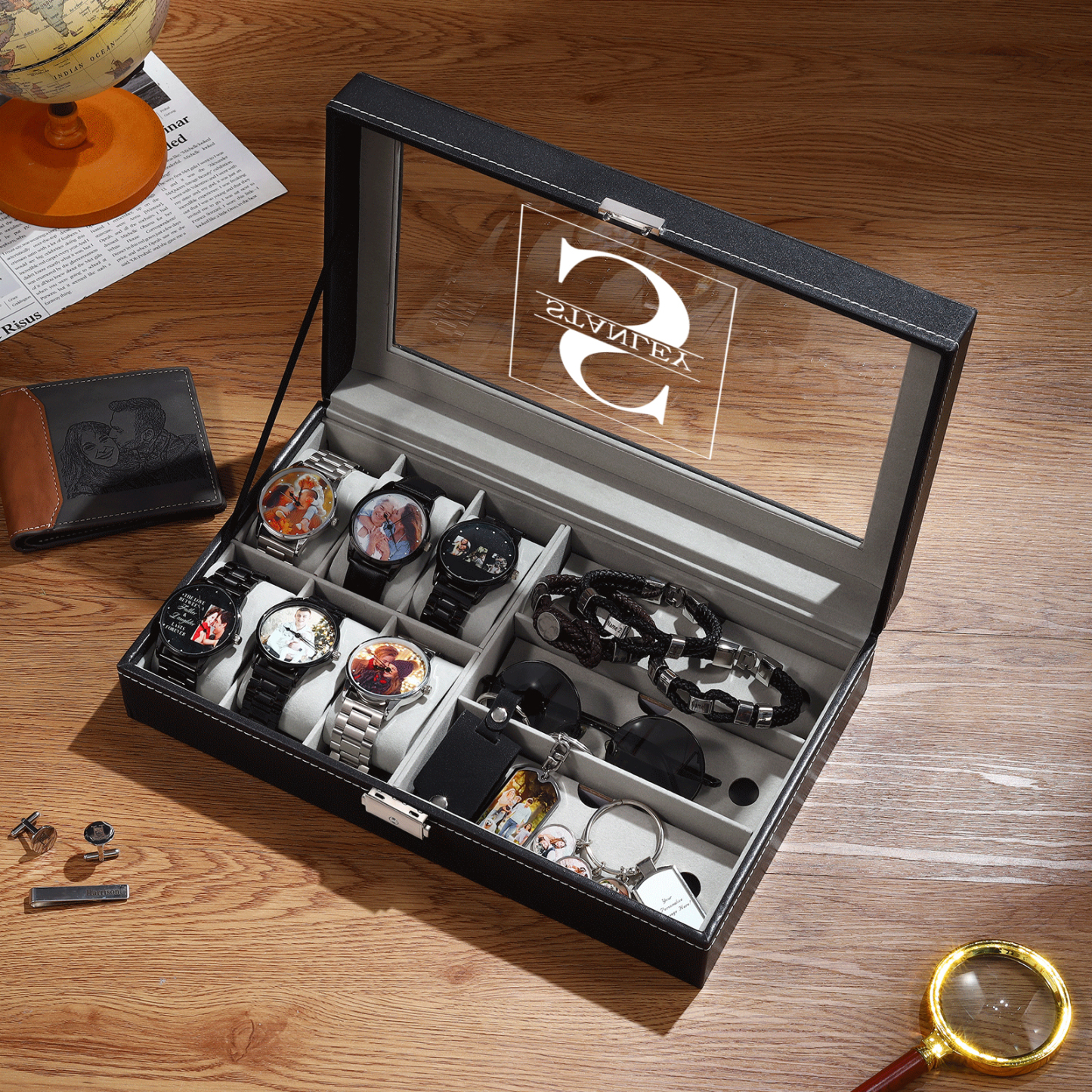 Boîte à Montre et Bijoux 1 Lettre et Texte Personnalisés Coffret Cadeau pour Hommes