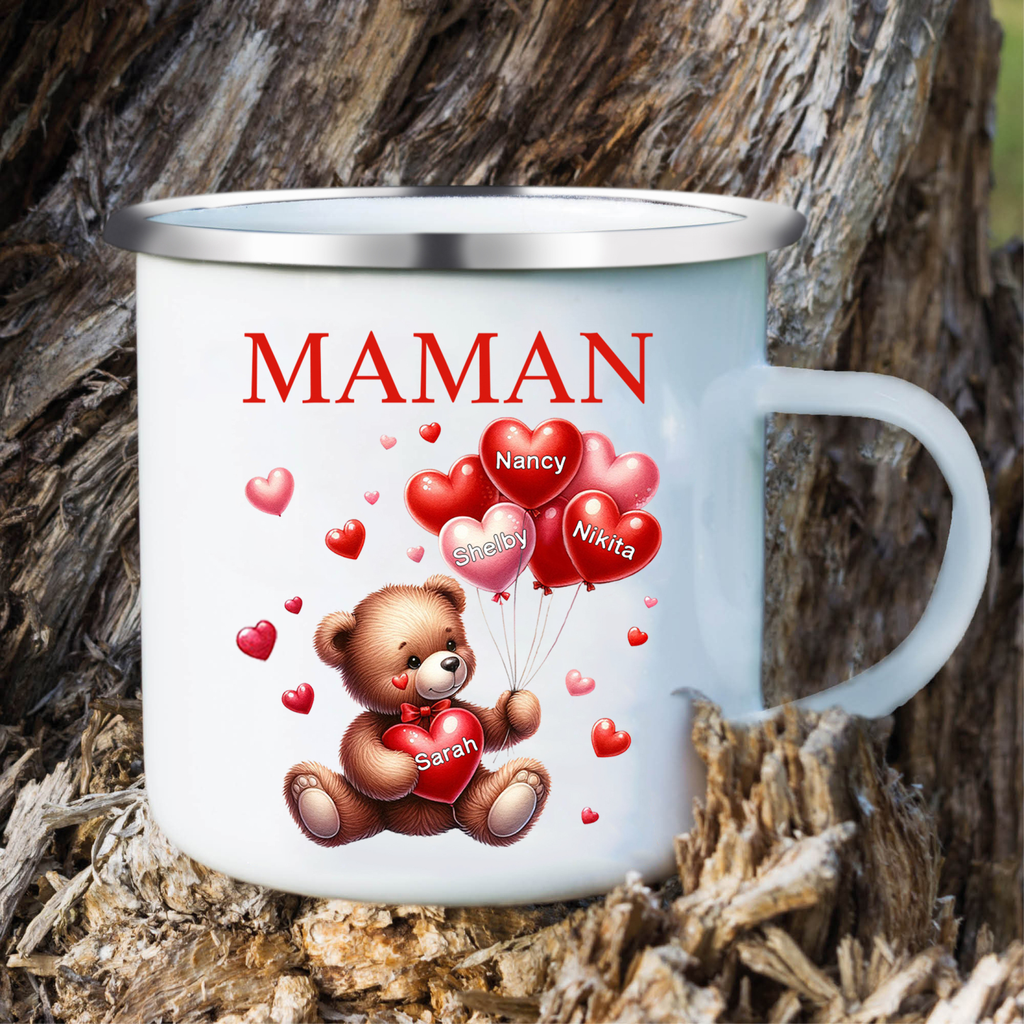À Maman/Mamie - Tasse émaillée Ours 4 Prénoms Personnalisés