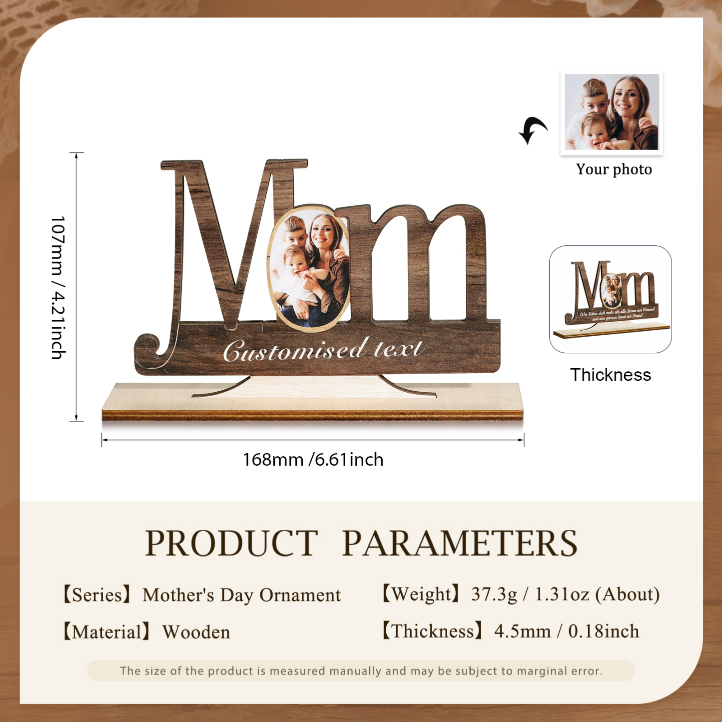 Décoration en bois 1 Texte et 1 Photo Personnalisés Ornement pour Maman