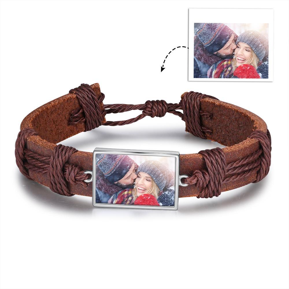 Bracelet Photo Personnalisée Cuir Tressé pour Couple Noeud Coulissant