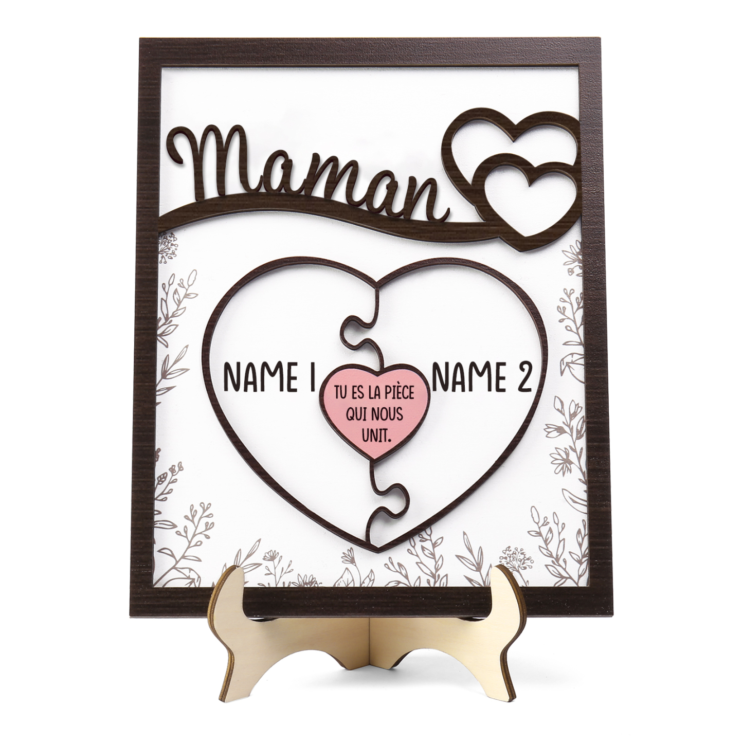 À ma Maman - Décoration en bois Cœur et Puzzle 2 Prénoms Personnalisés Ornement pour Famille