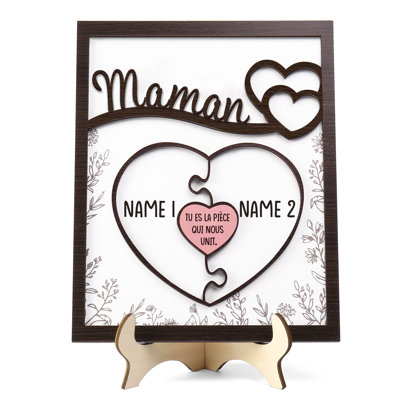À ma Maman - Décoration en bois Cœur et Puzzle 2 Prénoms Personnalisés Ornement pour Famille