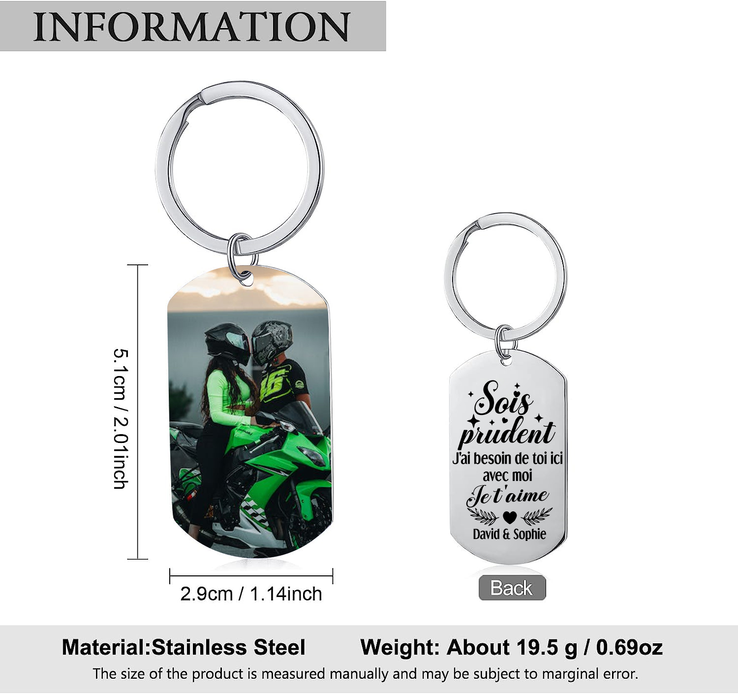 Porte-Clés 2 Prénoms et 1 Photo Personnalisés pour Couple