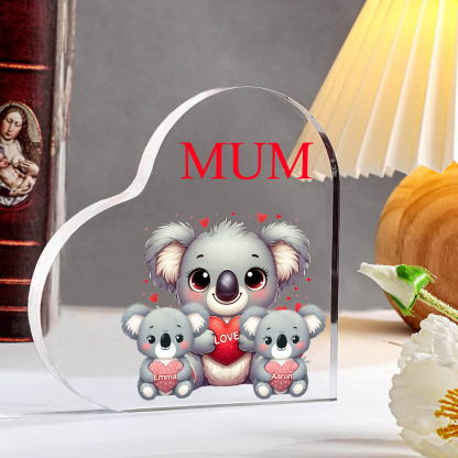 À ma Maman/Mamie - Plaque Acrylique en Forme de Cœur Koala 2 Prénoms Personnalisés avec 1 Texte