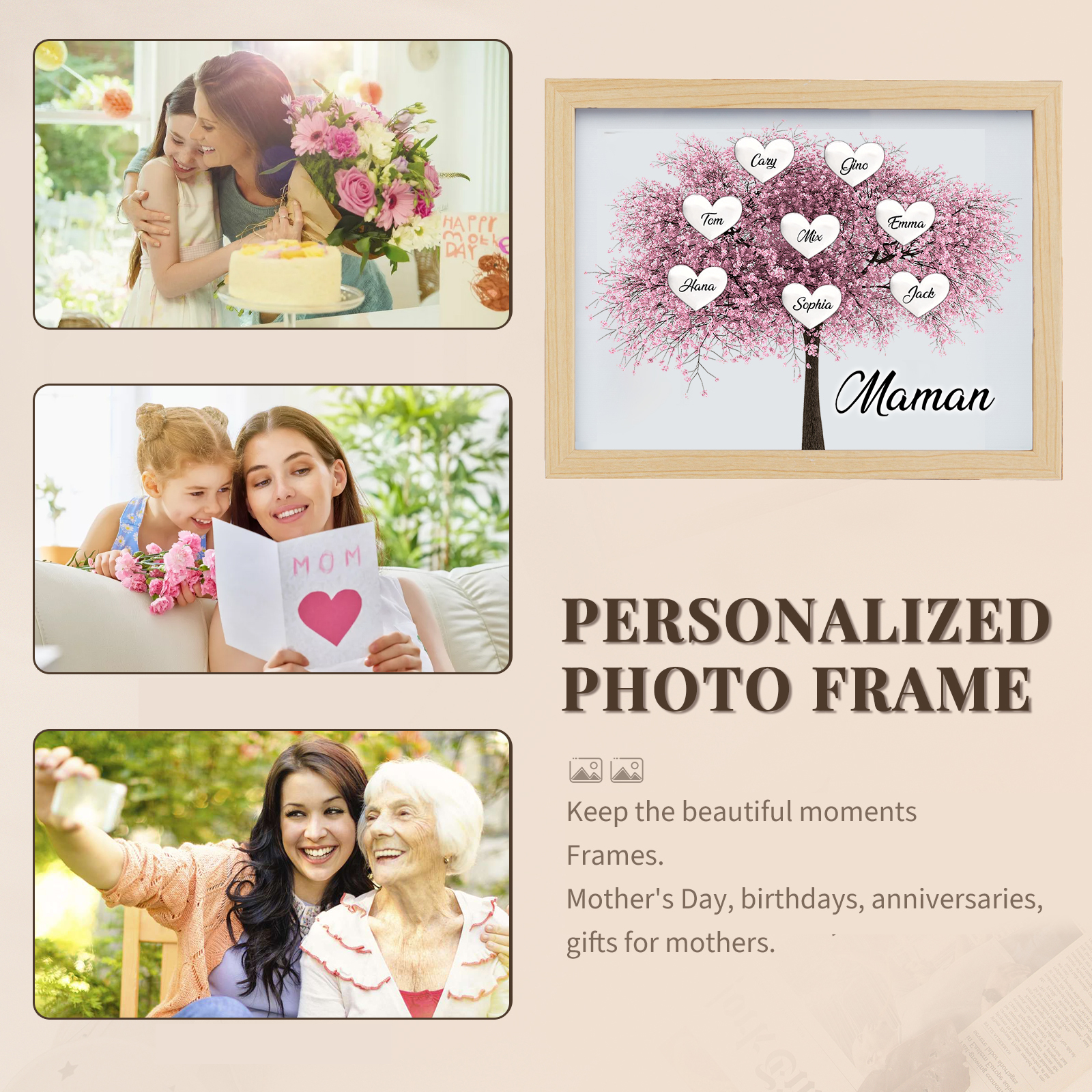 Cadre Photo LED Arbre de Vie 8 Prénoms et 1 Texte Personnalisé Décoration Famille