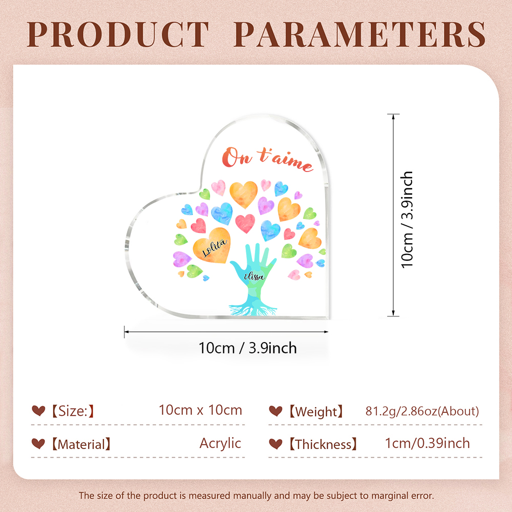 Plaque Acrylique en Forme de Cœur 2 Prénoms Personnalisés avec Texte pour Famille