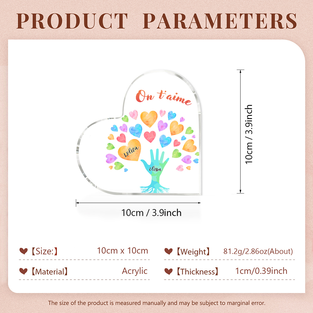 Plaque Acrylique en Forme de Cœur 2 Prénoms Personnalisés avec Texte pour Famille