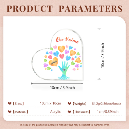 Plaque Acrylique en Forme de Cœur 2 Prénoms Personnalisés avec Texte pour Famille