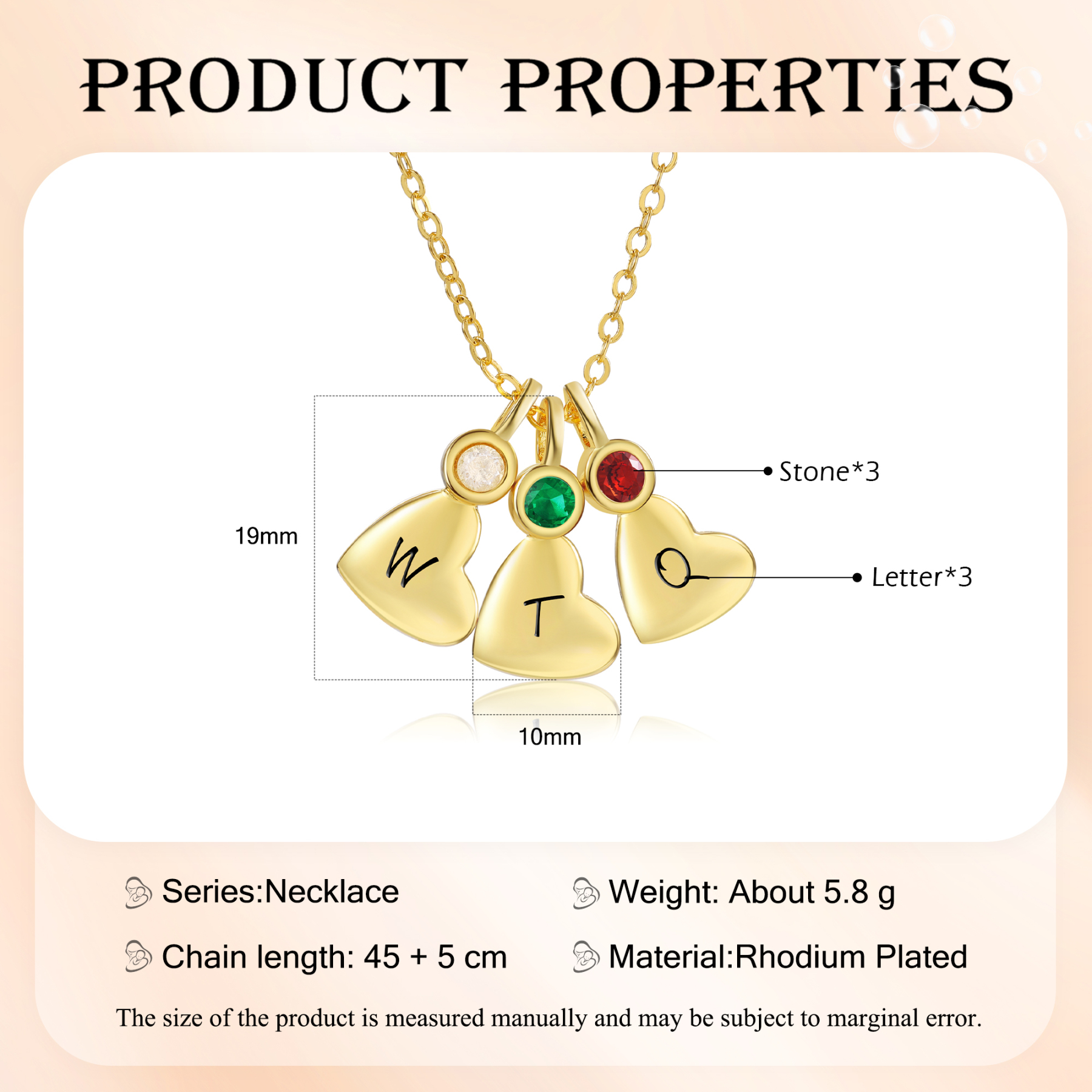 Collier Lettre avec Pendentif Cœur 3 Lettres Personnalisées avec Pierre de naissance pour Femmes|Jessemade