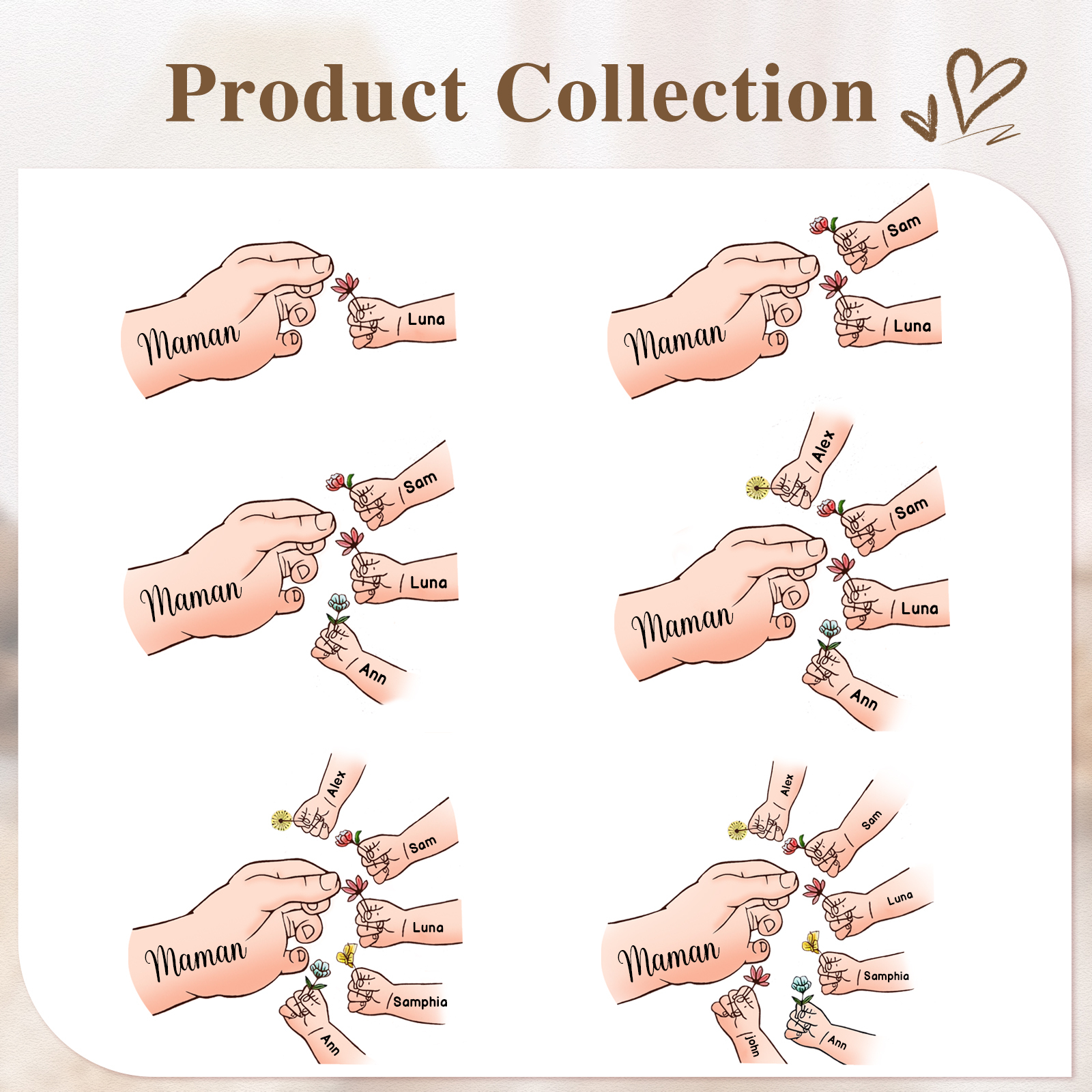 Vase/Pot de Fleurs mains et enfants 4 Prénoms Personnalisés Décoration de la Maison (sans plantes)