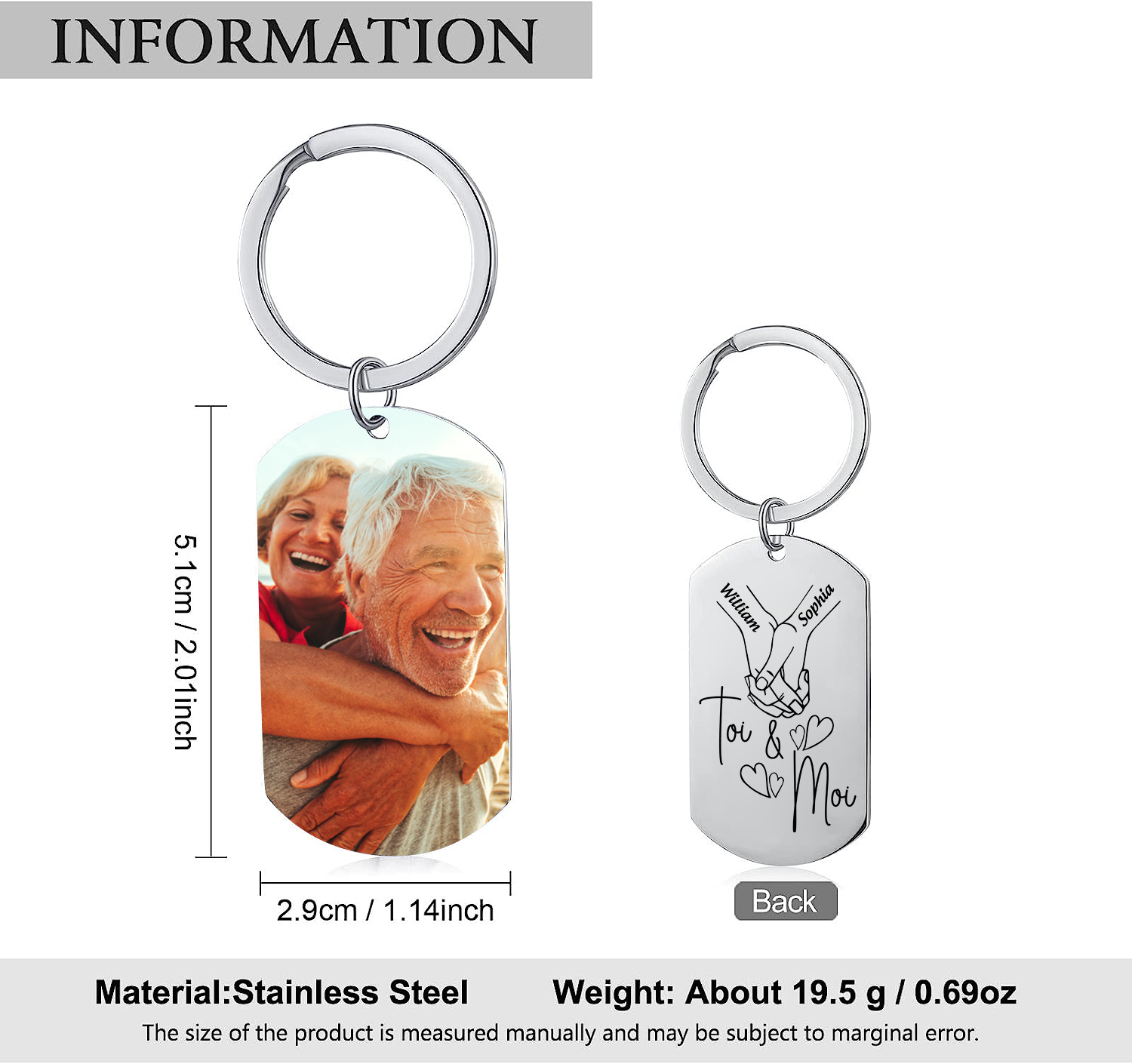 Porte-Clés 2 Prénoms et 1 Photo Personnalisés pour Couple