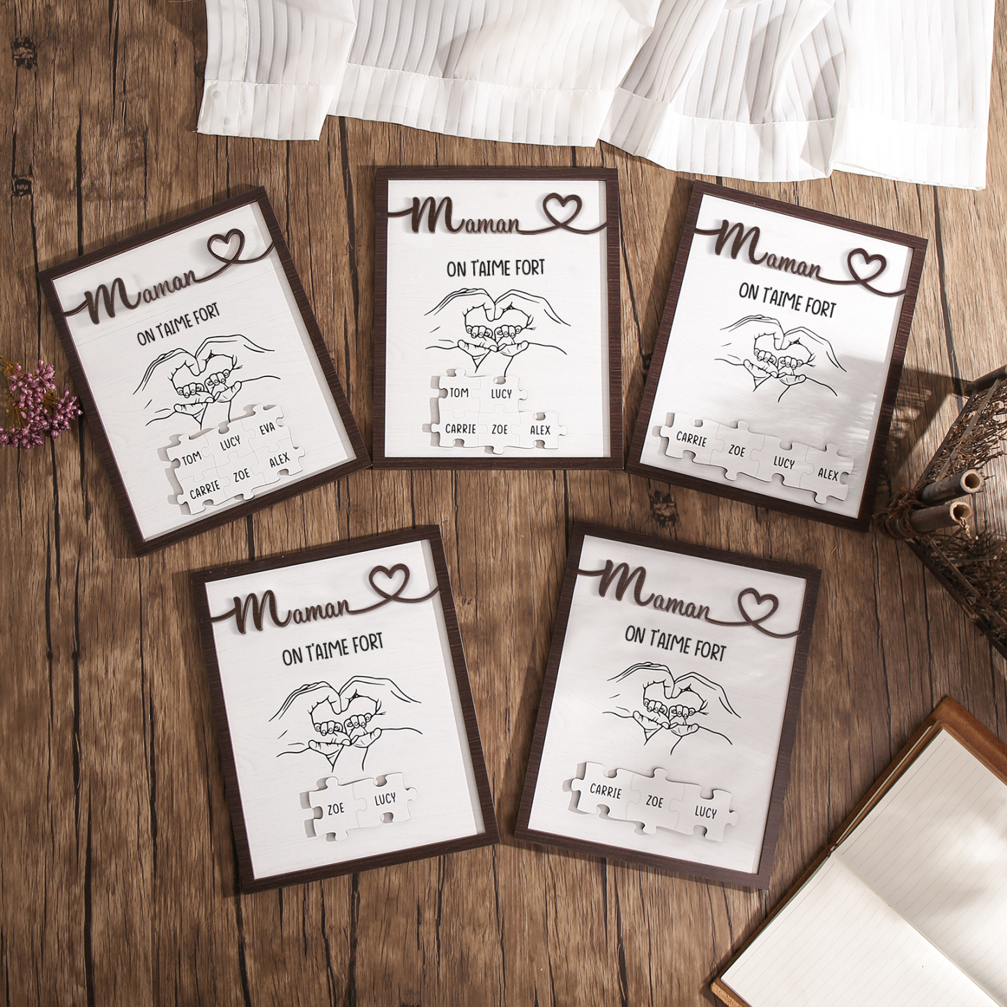 À Maman - Décoration en bois Mains et Puzzles 5 Prénoms et 1 Texte Personnalisés Ornement Famille