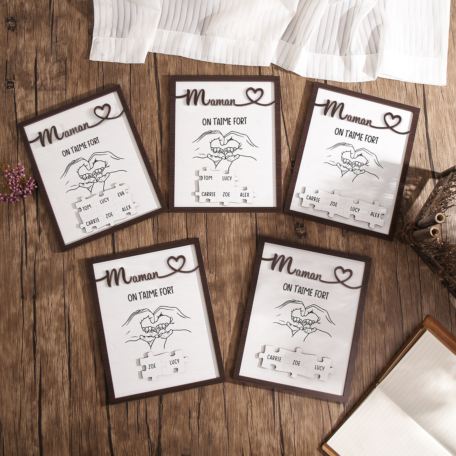À Maman - Décoration en bois Mains et Puzzles 5 Prénoms et 1 Texte Personnalisés Ornement Famille
