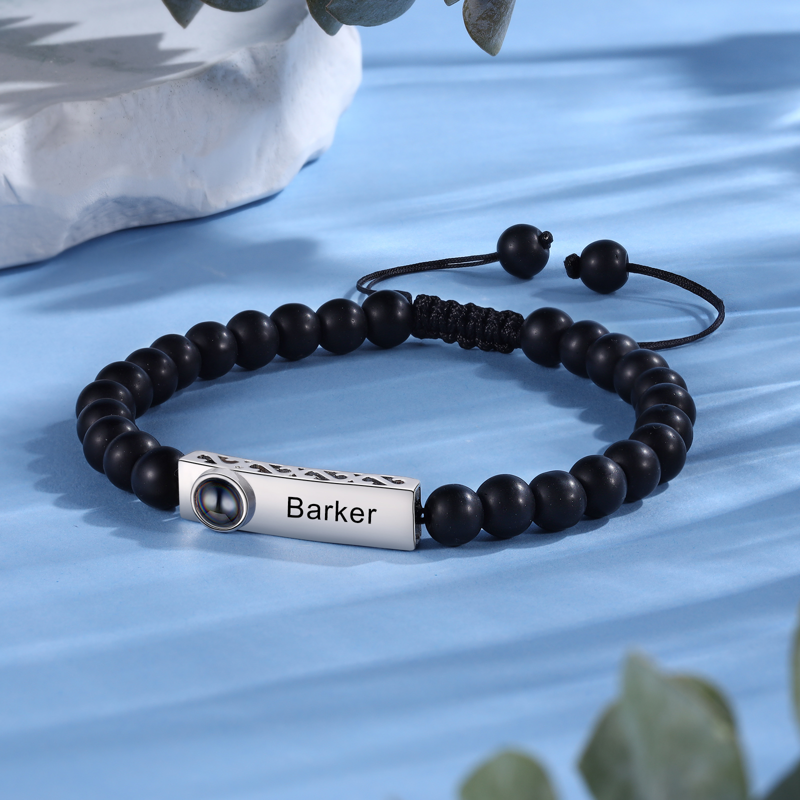 2PCS Bracelets Projection de Pierres 2 Prénoms et 1 Photo Personnalisés pour Couple