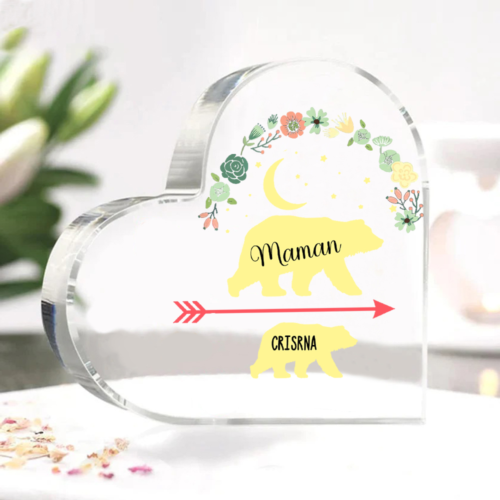 À ma Maman - Plaque Acrylique en Forme de Cœur Ours 1 Prénom Personnalisé