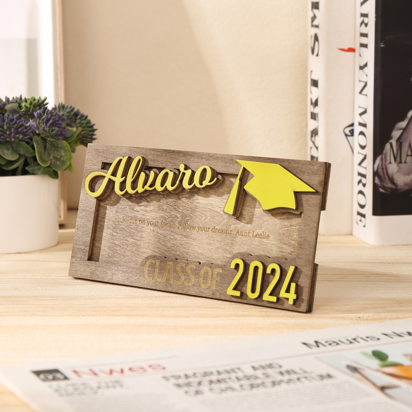 Porte-Cartes Diplômé en bois Prénom et Texte Personnalisés Cadeau de Graduation