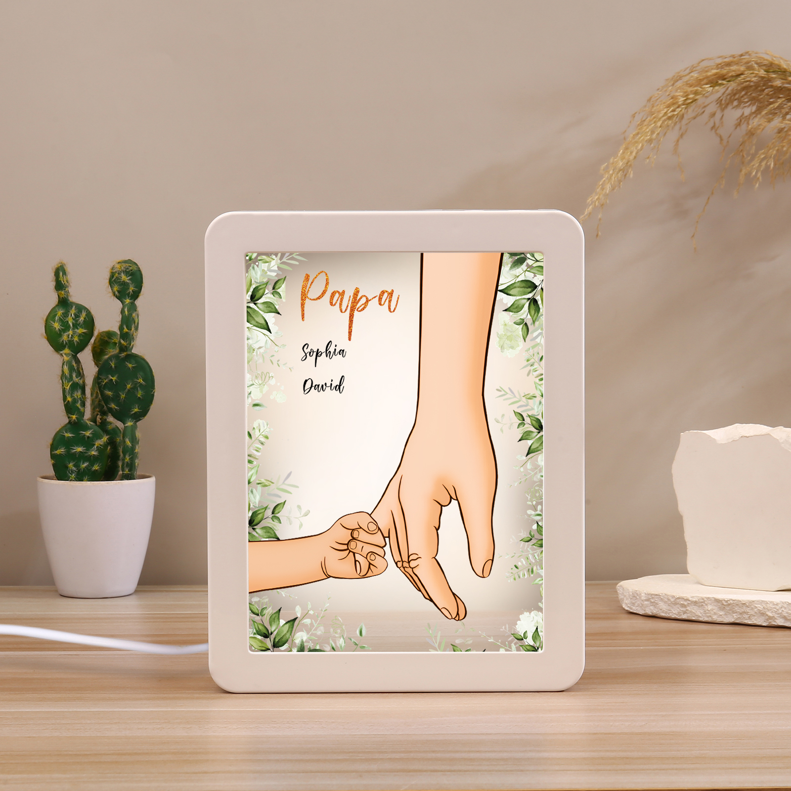 Lampe LED/Cadre Photo/Miroir multifonctionnel la main dans la main 2 Prénoms et 1 Tetxe Personnalisés Cadeau Créatif pour Famille