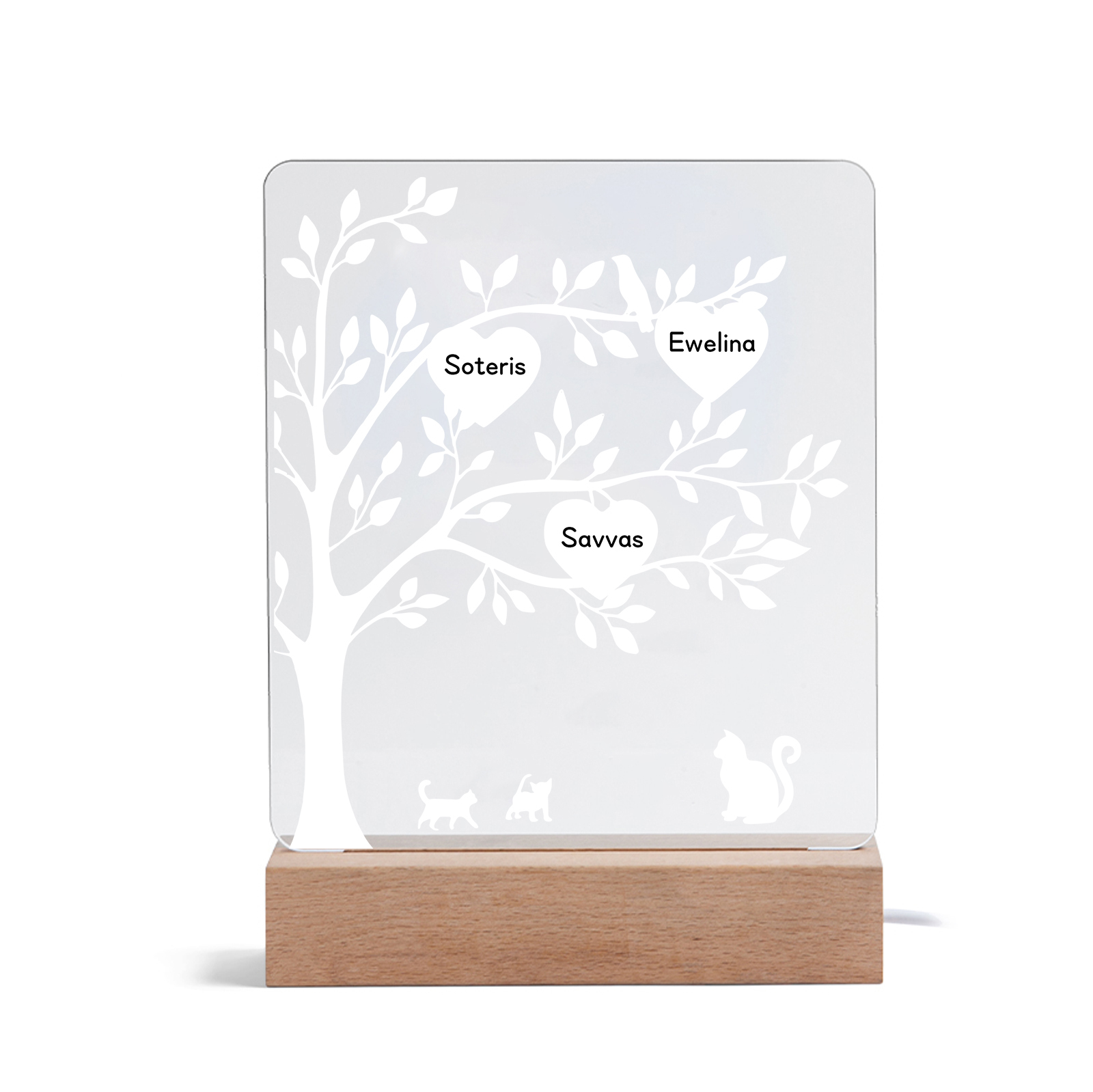 À Maman/Mamie - Lampe de chevet LED Arbre et Chat 3 Prénoms Personnalisés