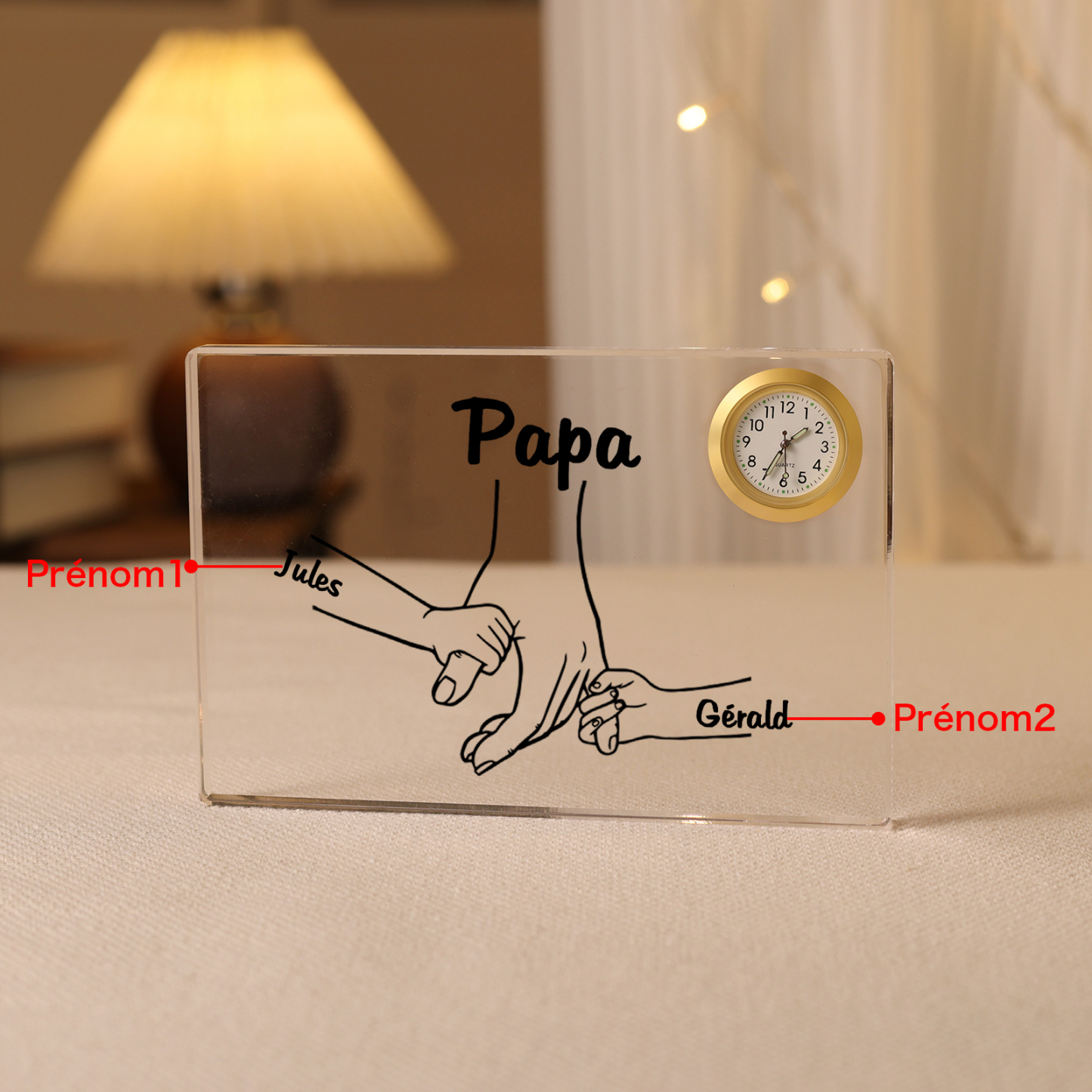 À mon Papa - Plaque Acrylique rectangle avec Horloge la main dans la main 2 Prénoms Personnalisés