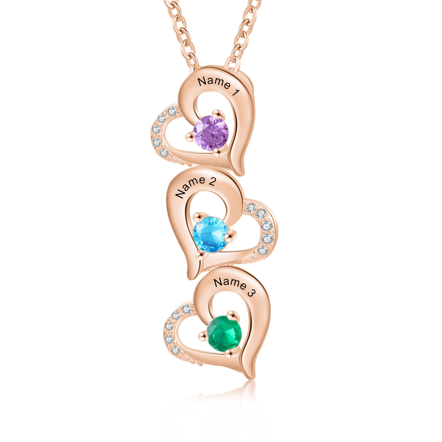 Collier Pendentif Cœur 3 Prénoms Personnalisés avec Pierre de naissance pour Femmes