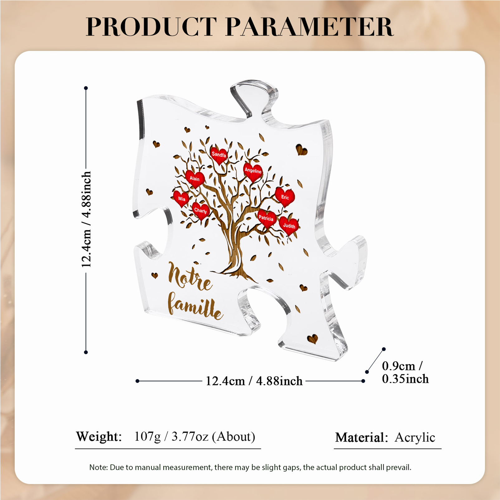 Plaque Acrylique en forme de Puzzle Arbre de Vie 8 Prénoms et Texte Personnalisés