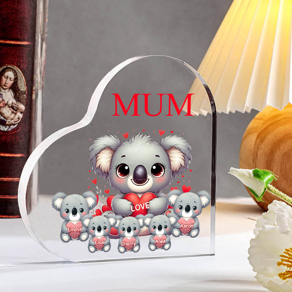 À ma Maman/Mamie - Plaque Acrylique en Forme de Cœur Koala 5 Prénoms Personnalisés avec 1 Texte