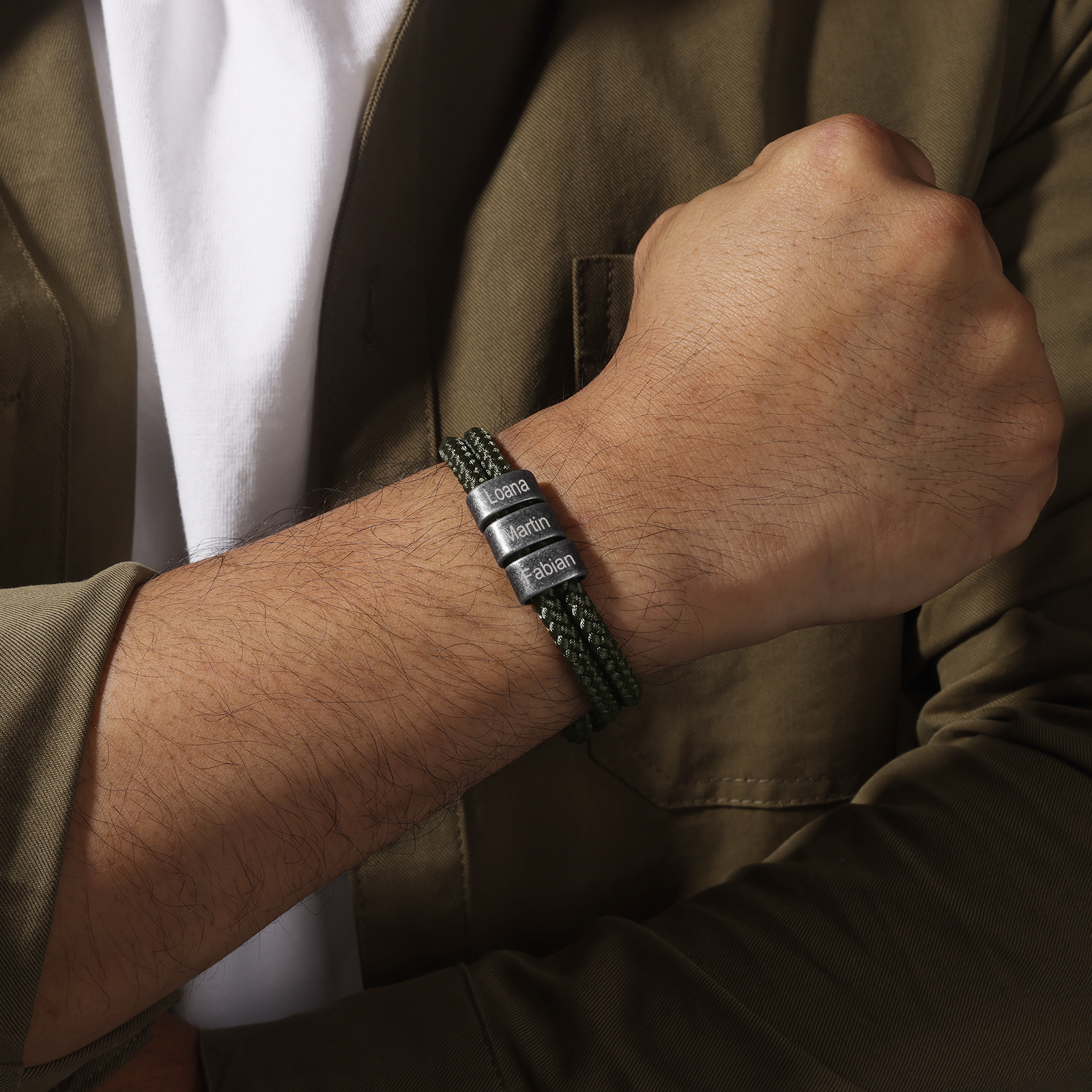 Bracelet 2-4 Noms Personnalisés Bracelet Vintage Homme en Corde Vert foncé