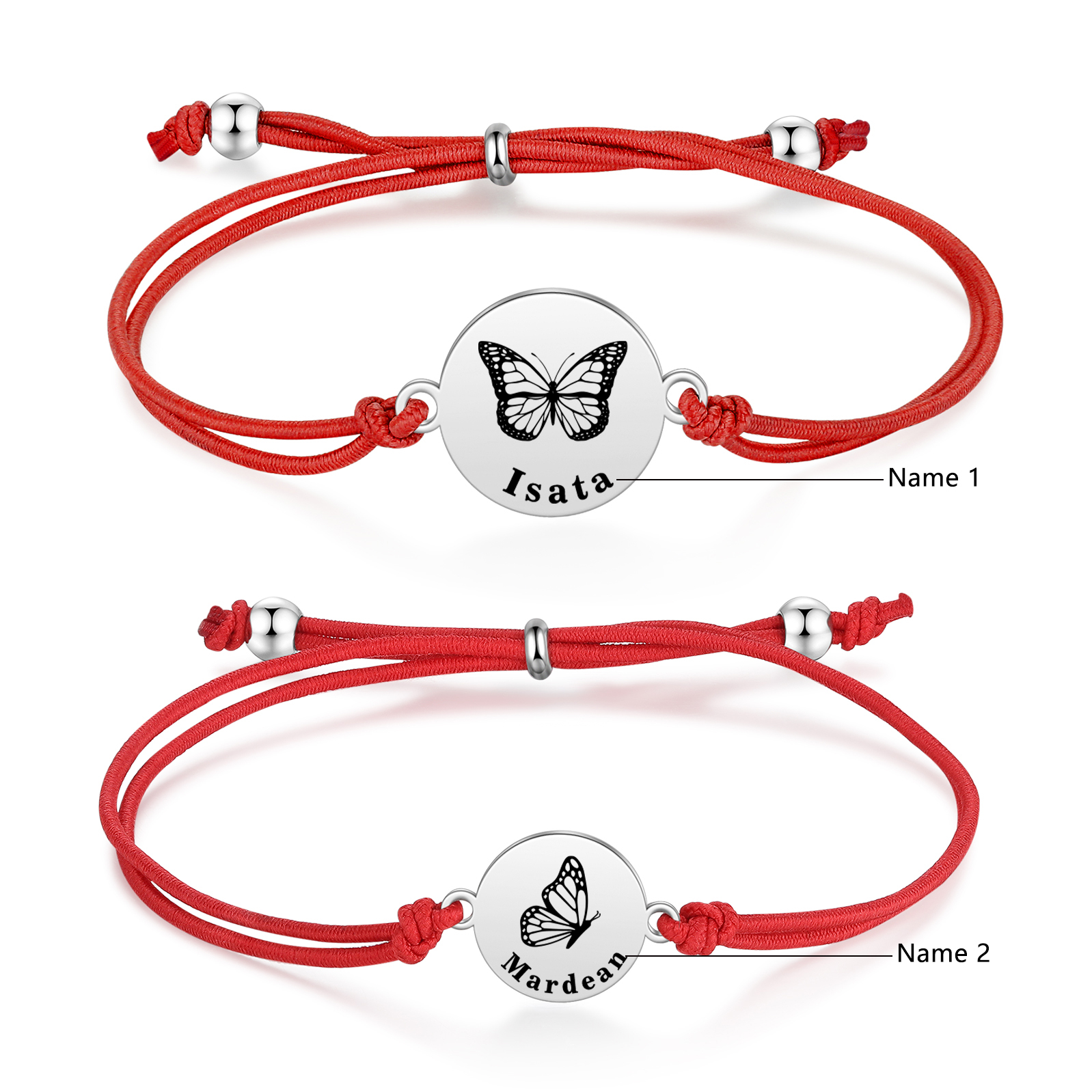 2PCS Ensemble de Bracelets Papillons 2 Prénoms Personnalisés Corde élastiques - Cadeau Rentrée Scolaire Premier jour d’école