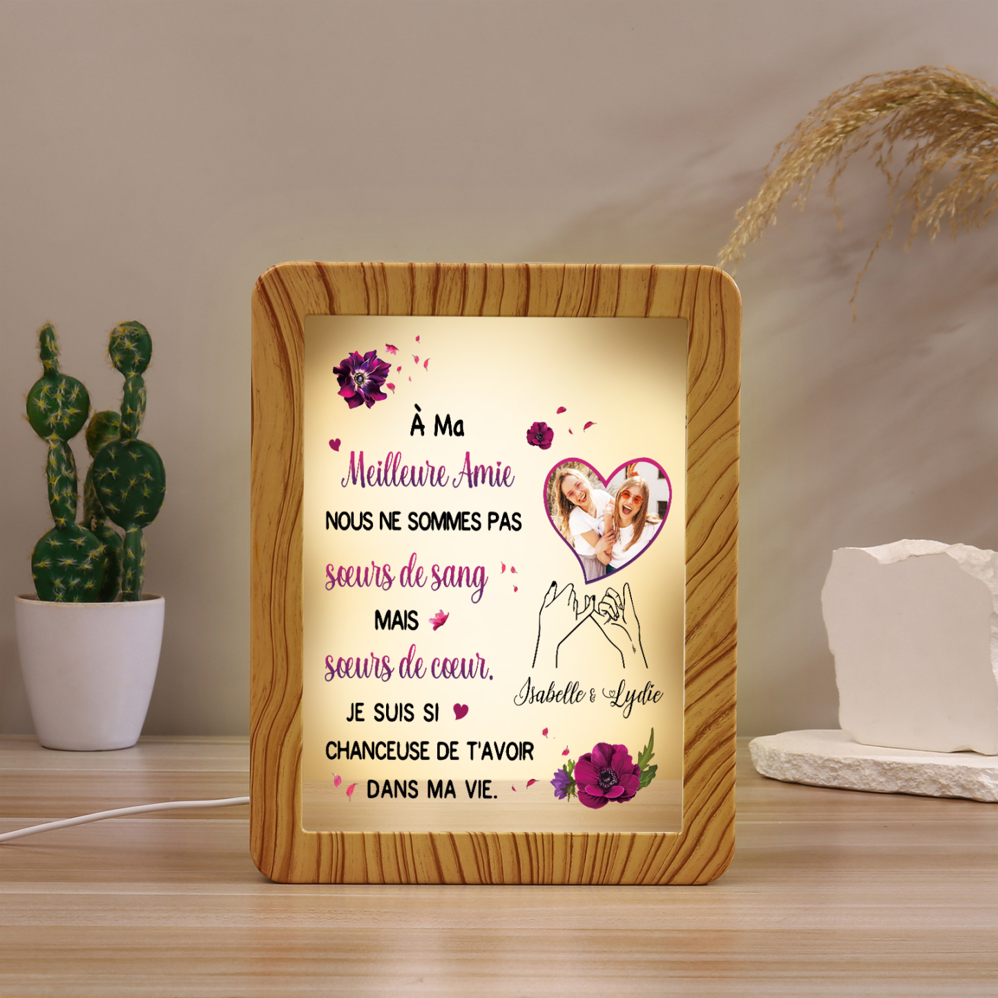 À ma Meilleure Amie - Cadre Photo/Miroir LED multifonctionnel 2 Prénoms Personnalisés avec 1 Photo
