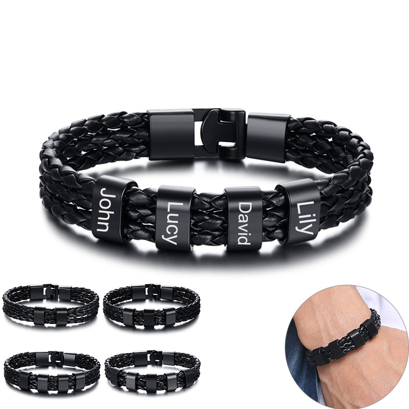 Bracelet Cuir tressé 5 Perles Prénom Personnalisé Bracelet Homme
