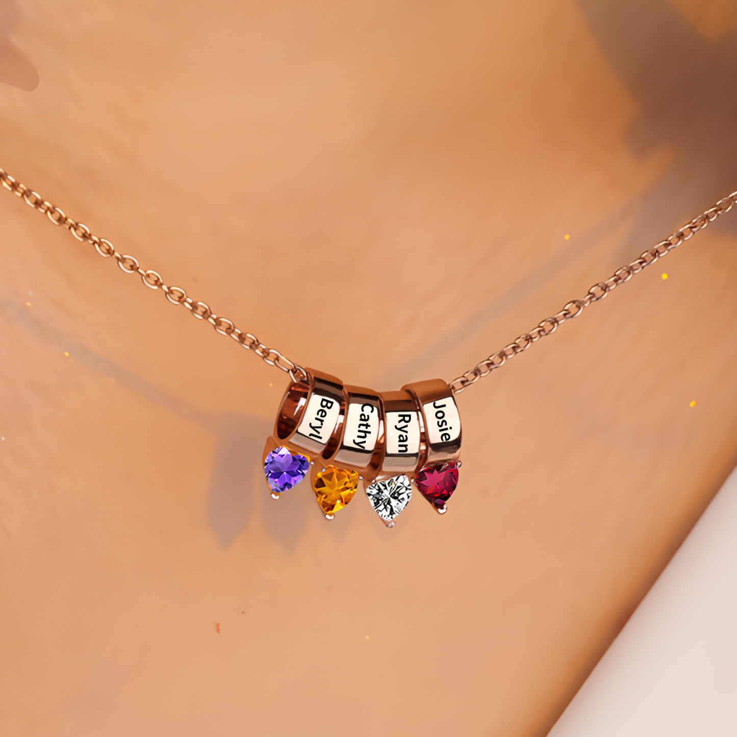 Collier Pendentif Cœur 4 Prénoms et Pierres de Naissance Personnalisés Collier Femmes
