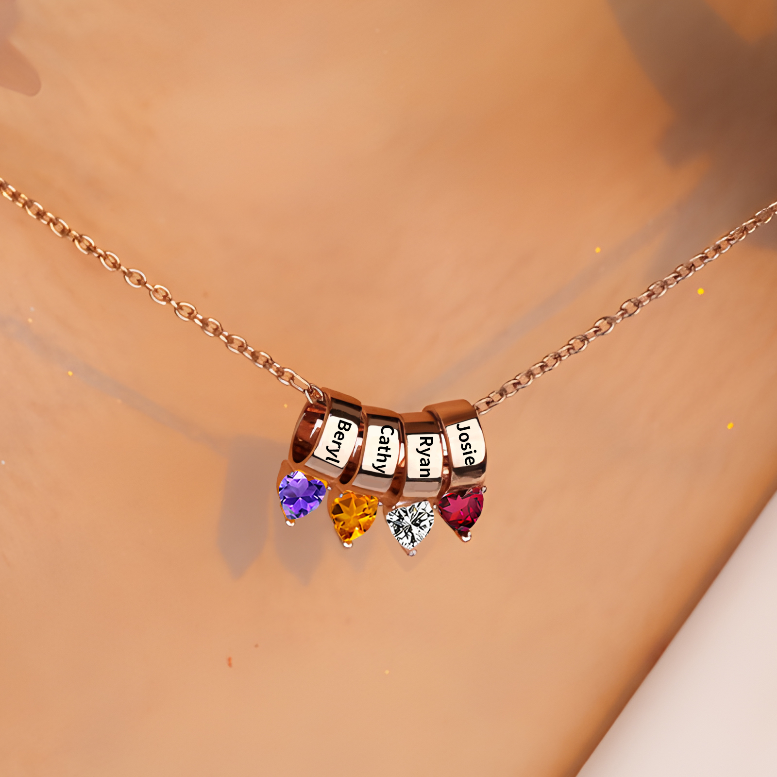 Collier Pendentif Cœur 4 Prénoms et Pierres de Naissance Personnalisés Collier Femmes