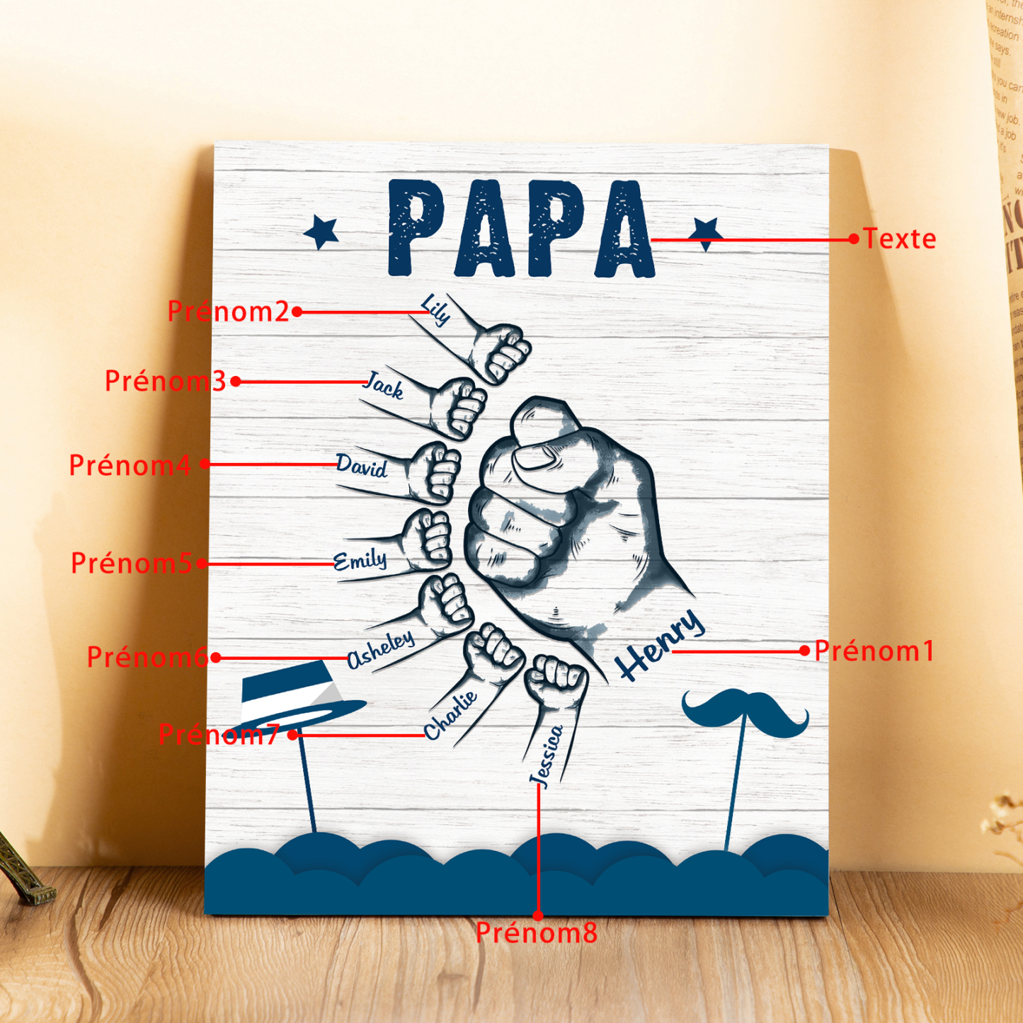 À Mon Papa/Papi-Cadre en Bois Poings 8 Prénoms Personnalisés avec Texte