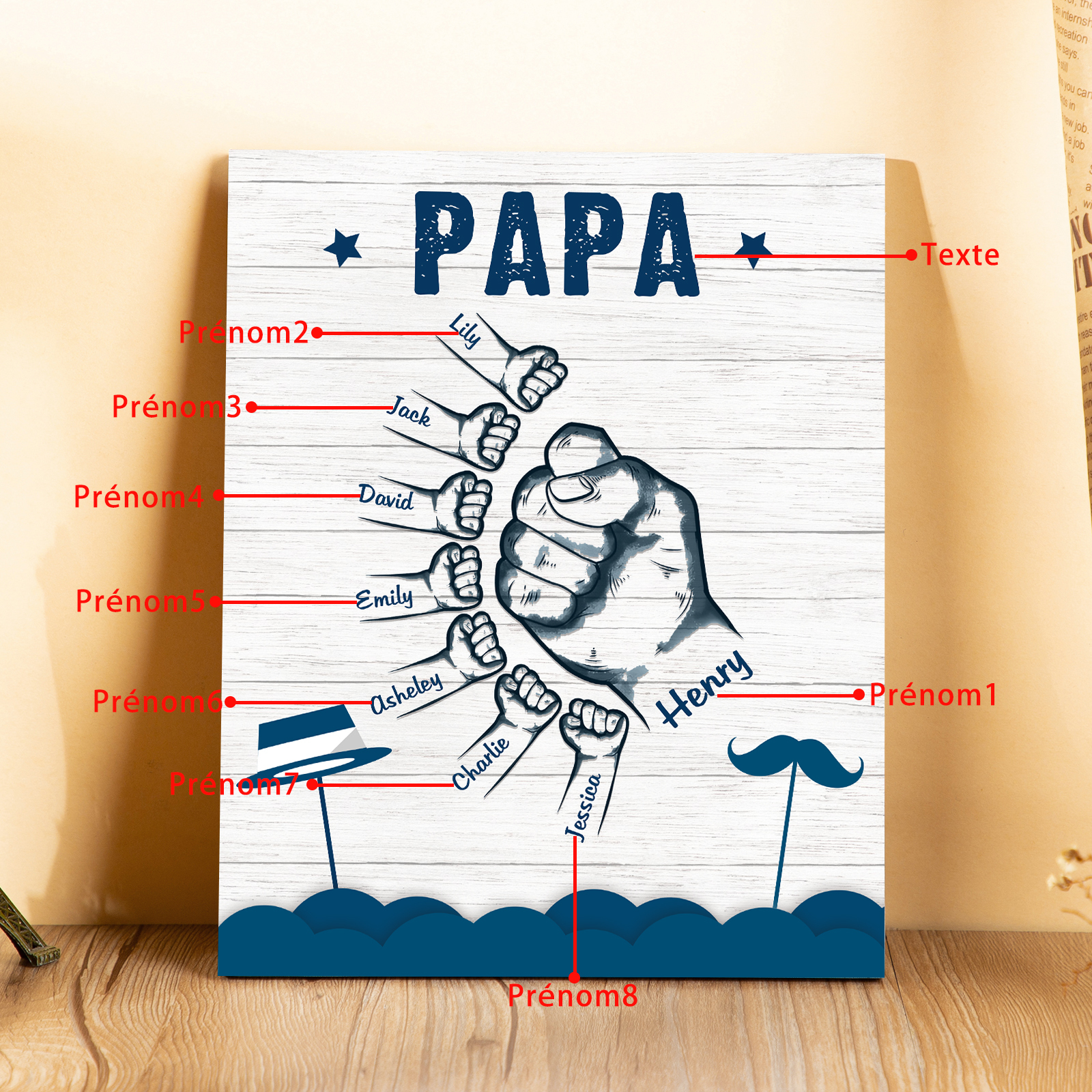 À Mon Papa/Papi-Cadre en Bois Poings 8 Prénoms Personnalisés avec Texte