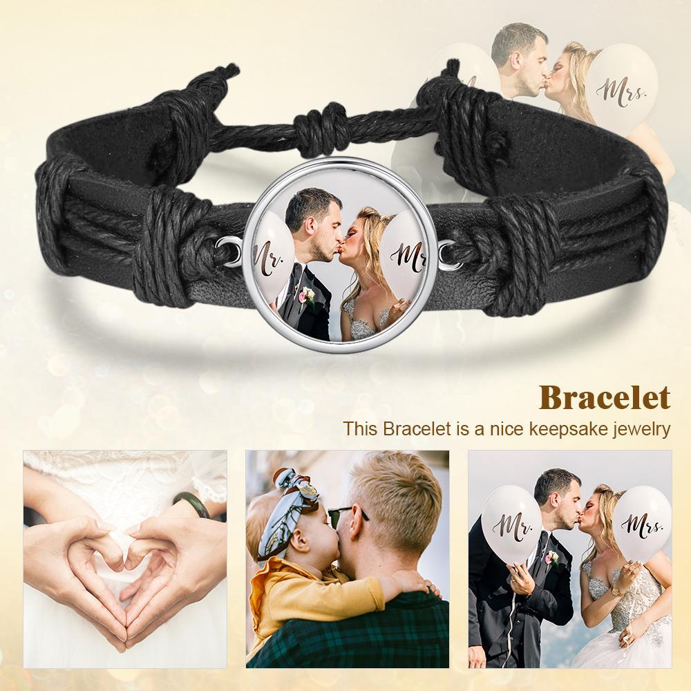 Bracelet Photo Personnalisée Cuir Tressé pour Couple Noeud Coulissant