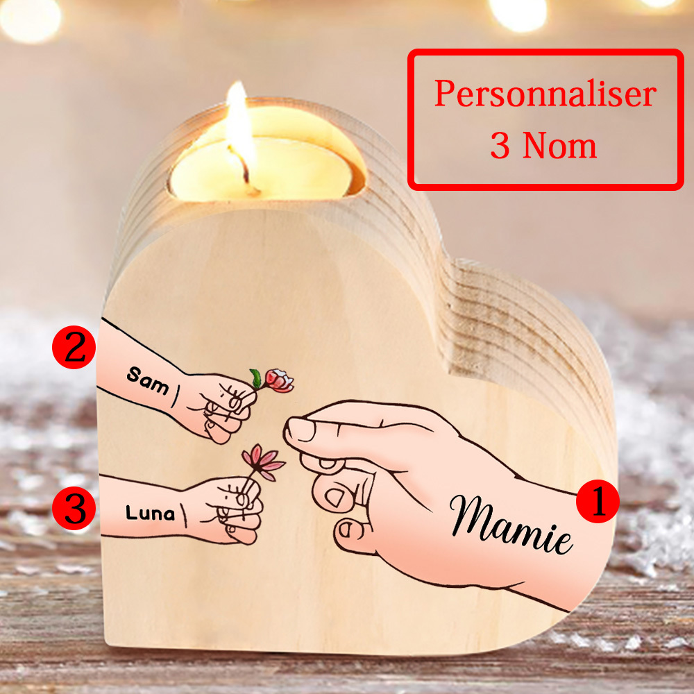 À Ma Maman/Mamie - Bougeoir en Bois Mains et Enfants 3 Prénoms Personnalisés pour Famille sans bougie