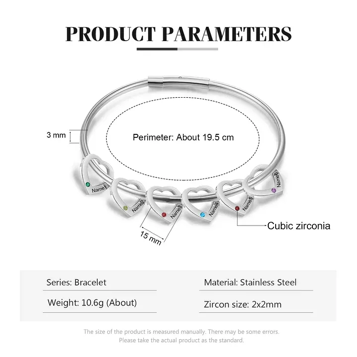 Bracelet Jonc Bracelet Coeur 6 Prénoms Personnalisés avec 6 Pierres de Naissance Argent Or | Jessemade