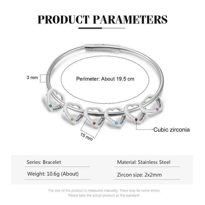 Bracelet Jonc Bracelet Coeur 6 Prénoms Personnalisés avec 6 Pierres de Naissance Argent Or | Jessemade