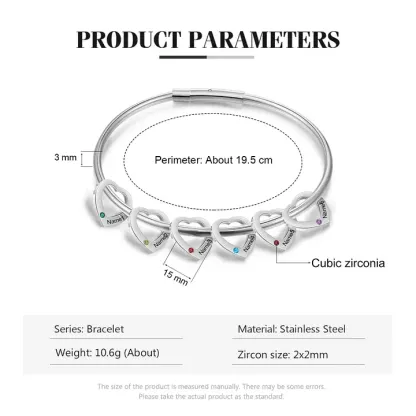 Bracelet Jonc Bracelet Coeur 6 Prénoms Personnalisés avec 6 Pierres de Naissance Argent Or | Jessemade
