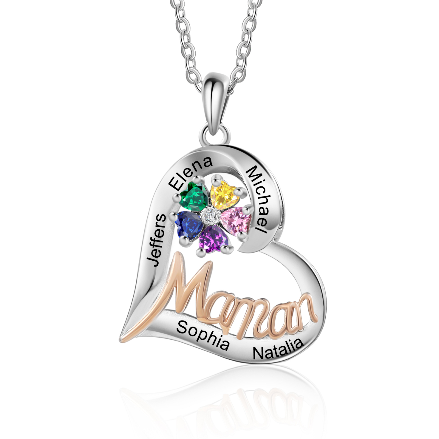 Collier Maman Personnalisé Cœur avec 1-5 Prénoms et Pierres de Naissance avec Coffret Rouge