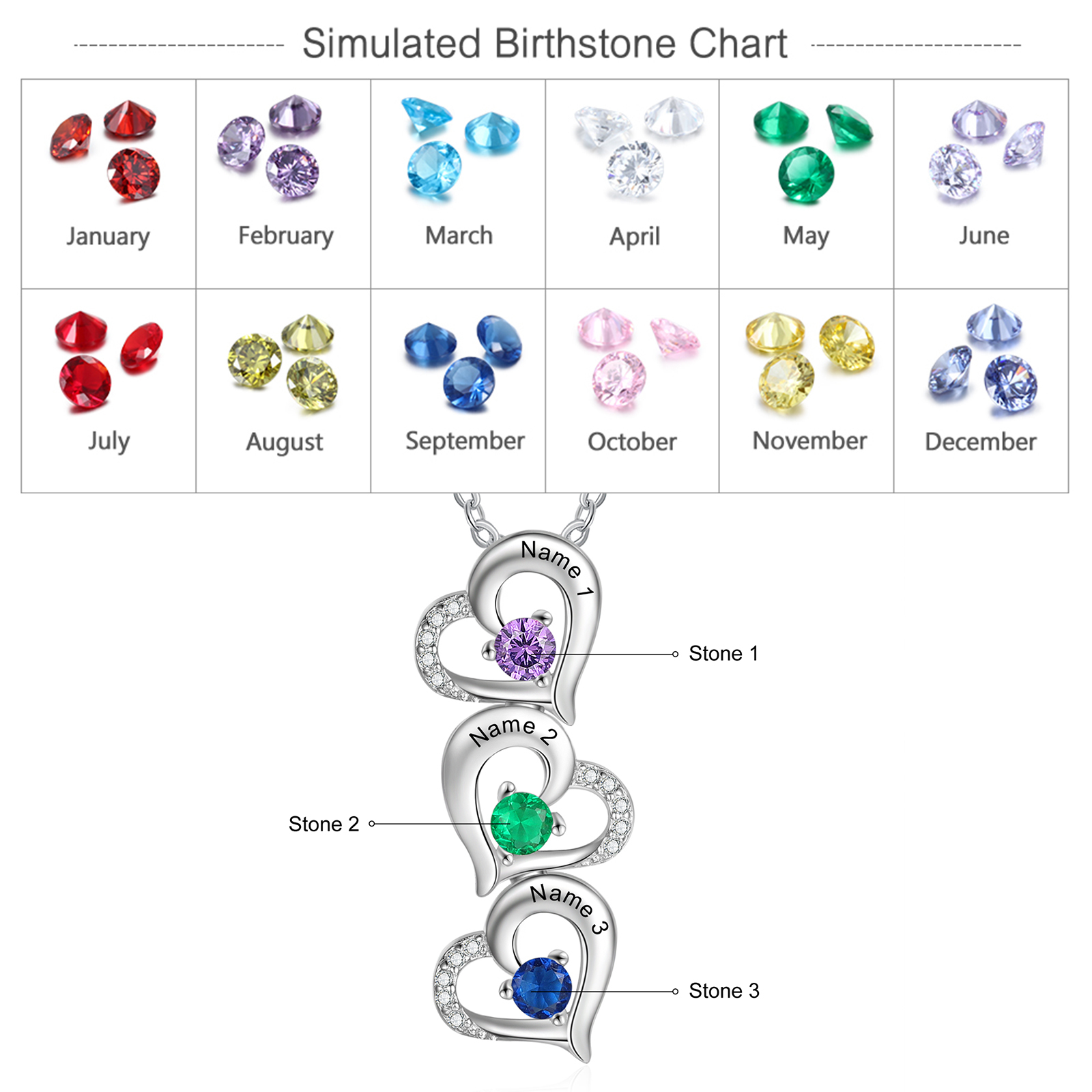 Collier 3 Prénom Personnalisé Pendentif Cœur avec 3 Pierre de Naissance