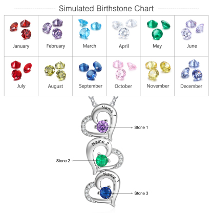 Collier 3 Prénom Personnalisé Pendentif Cœur avec 3 Pierre de Naissance
