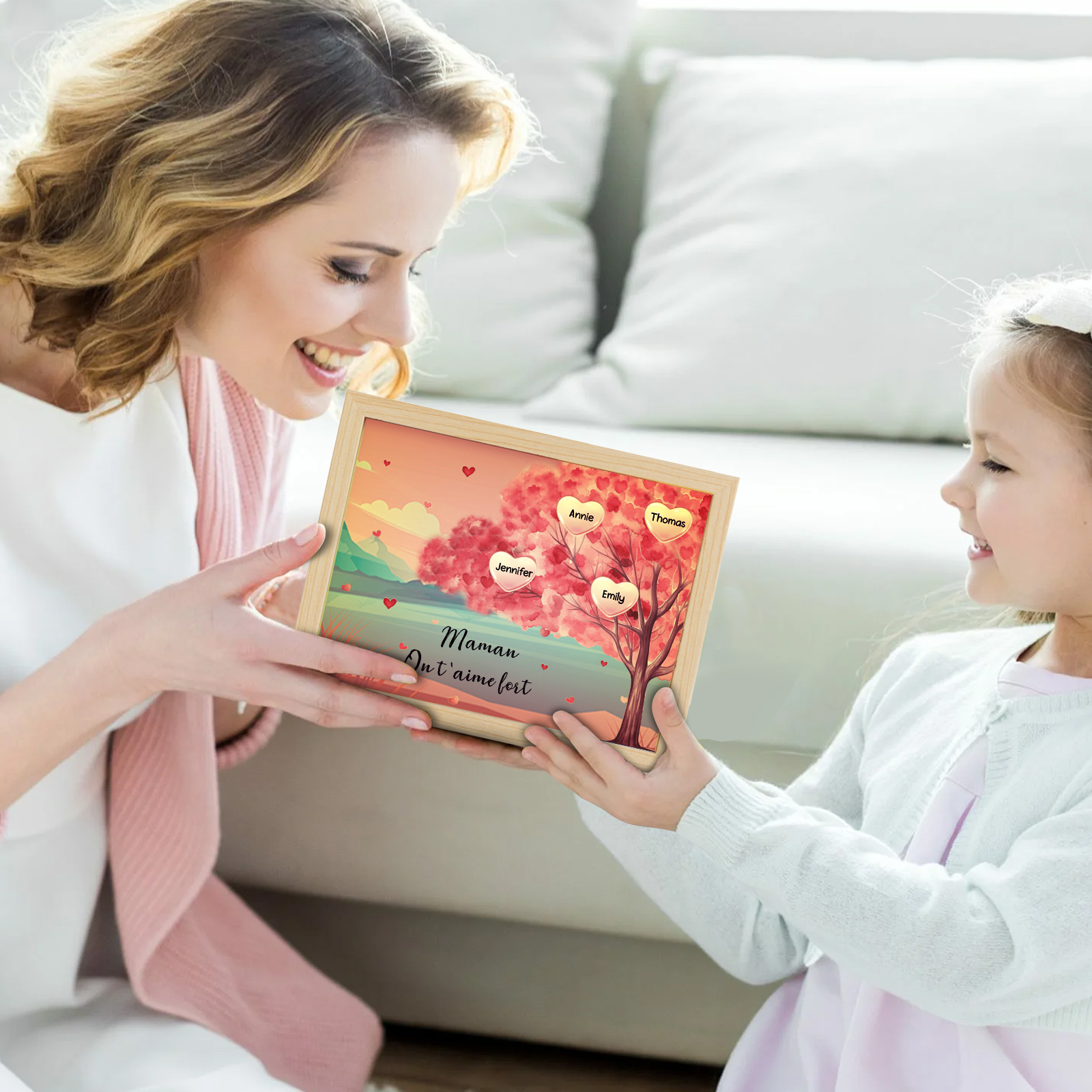 Cadre Photo LED Arbre 4 Prénoms Personnalisés avec 1 Texte Décoration Famille