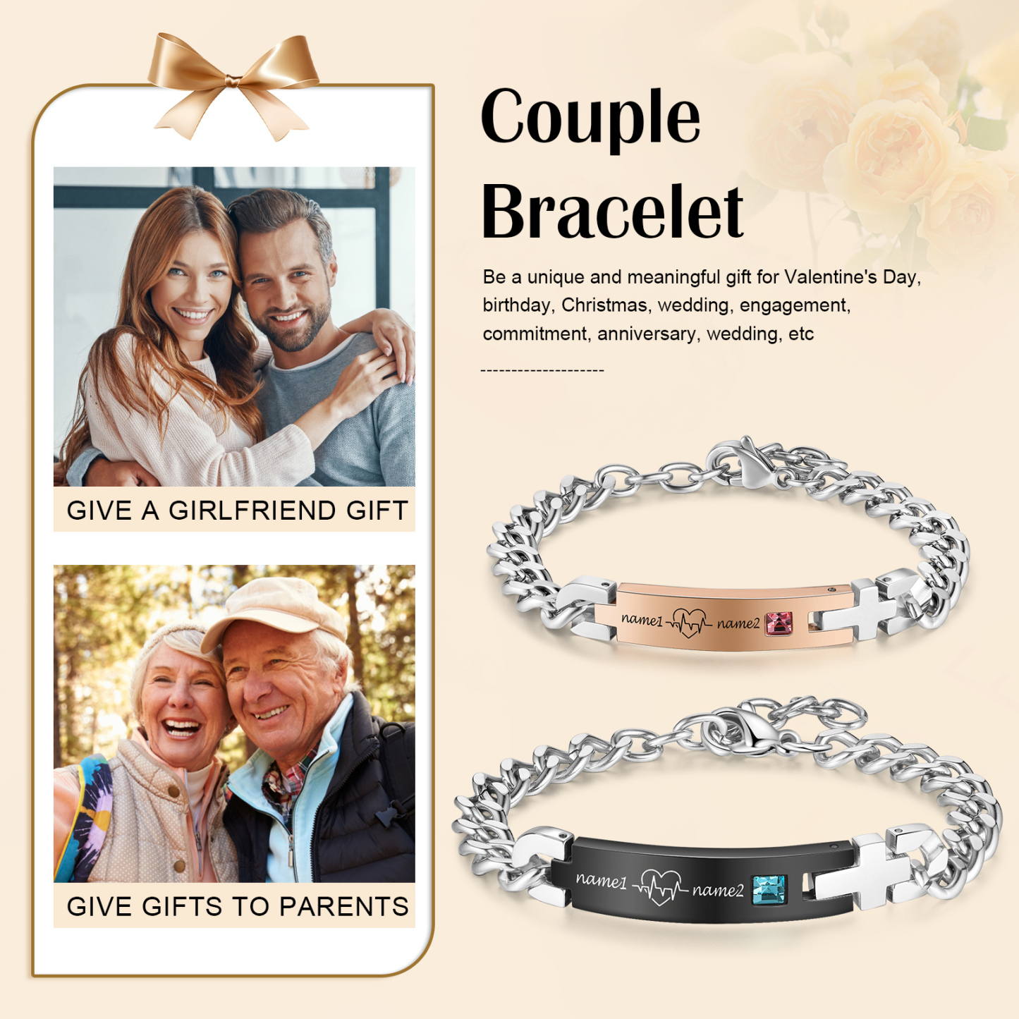 Bracelet couple Gourmette 2 Prénoms Personnalisé|Jessemade