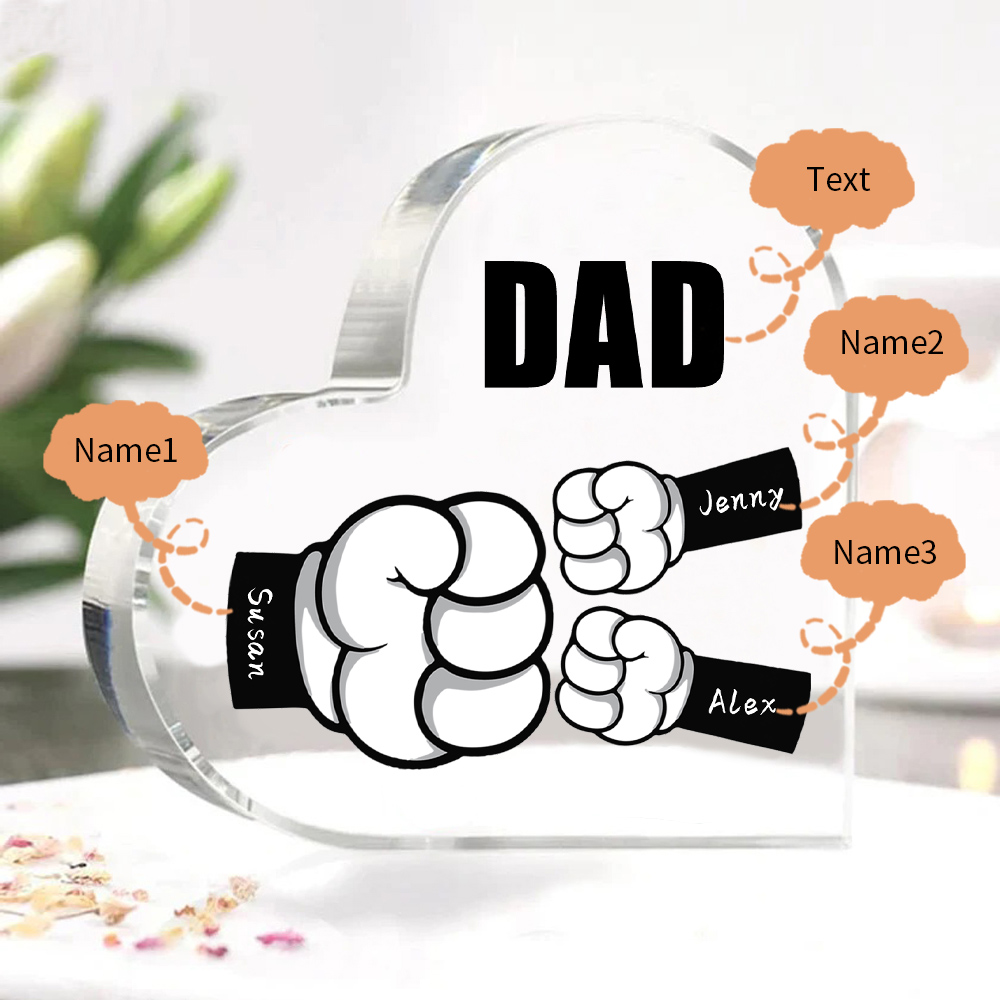 À mon Papa/Maman - Plaque Acrylique en Forme de Cœur Poings 3 Prénoms Personnalisés avec 1 Texte