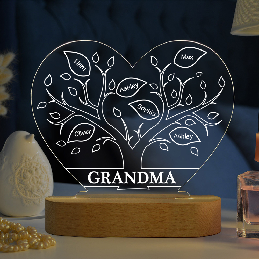 À Maman/Mamie - Lampe de chevet LED Arbre 6 Prénoms Personnalisés avec 1 Texte