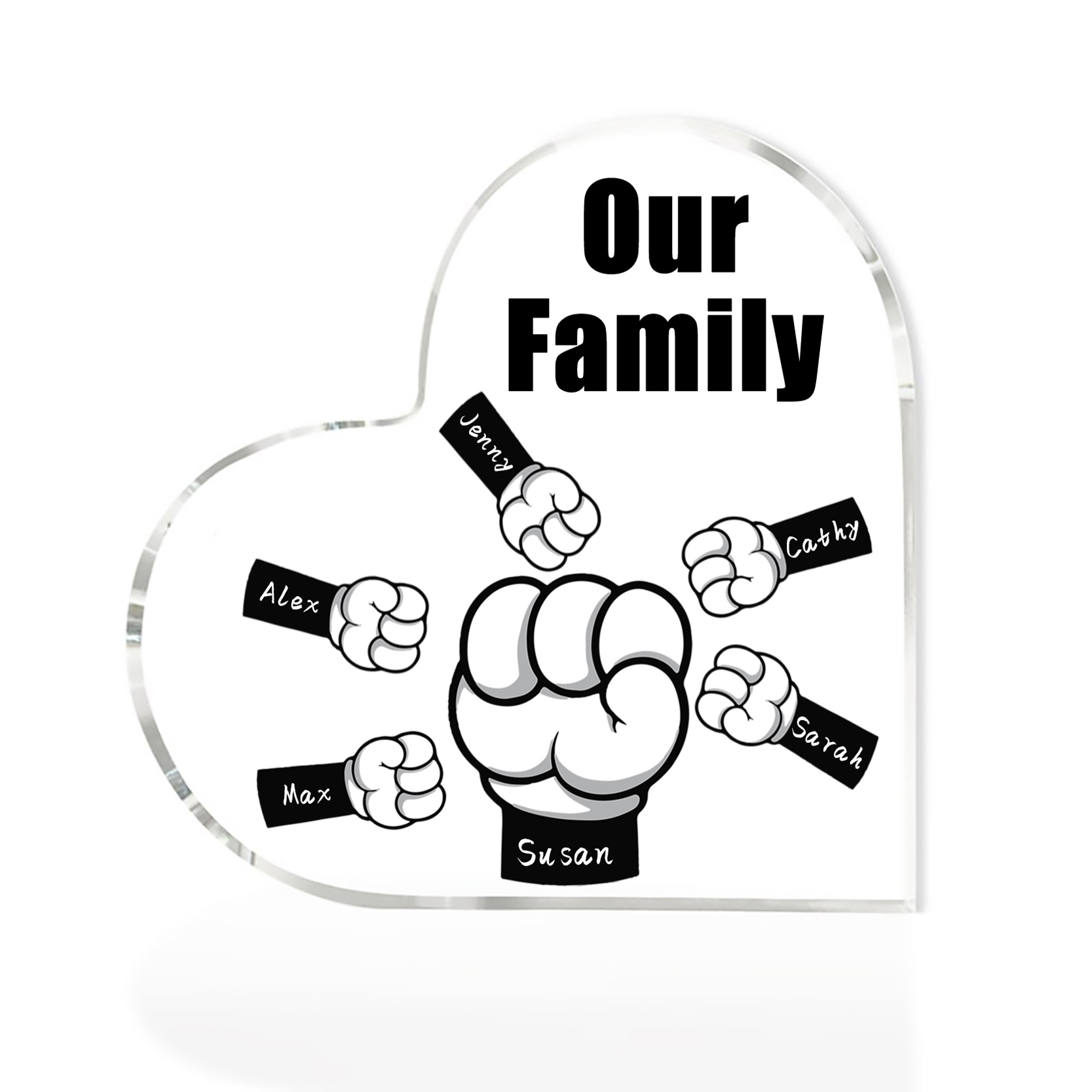 À mon Papa/Maman - Plaque Acrylique en Forme de Cœur Poings 6 Prénoms Personnalisés avec 1 Texte