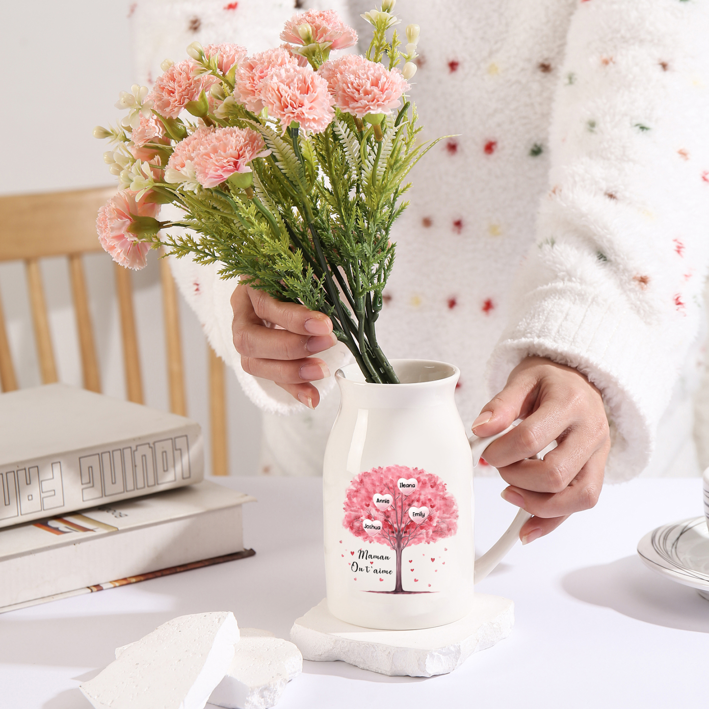 Vase à Fleurs Arbre 4 Prénoms Personnalisés avec Texte Décoration de la Maison
