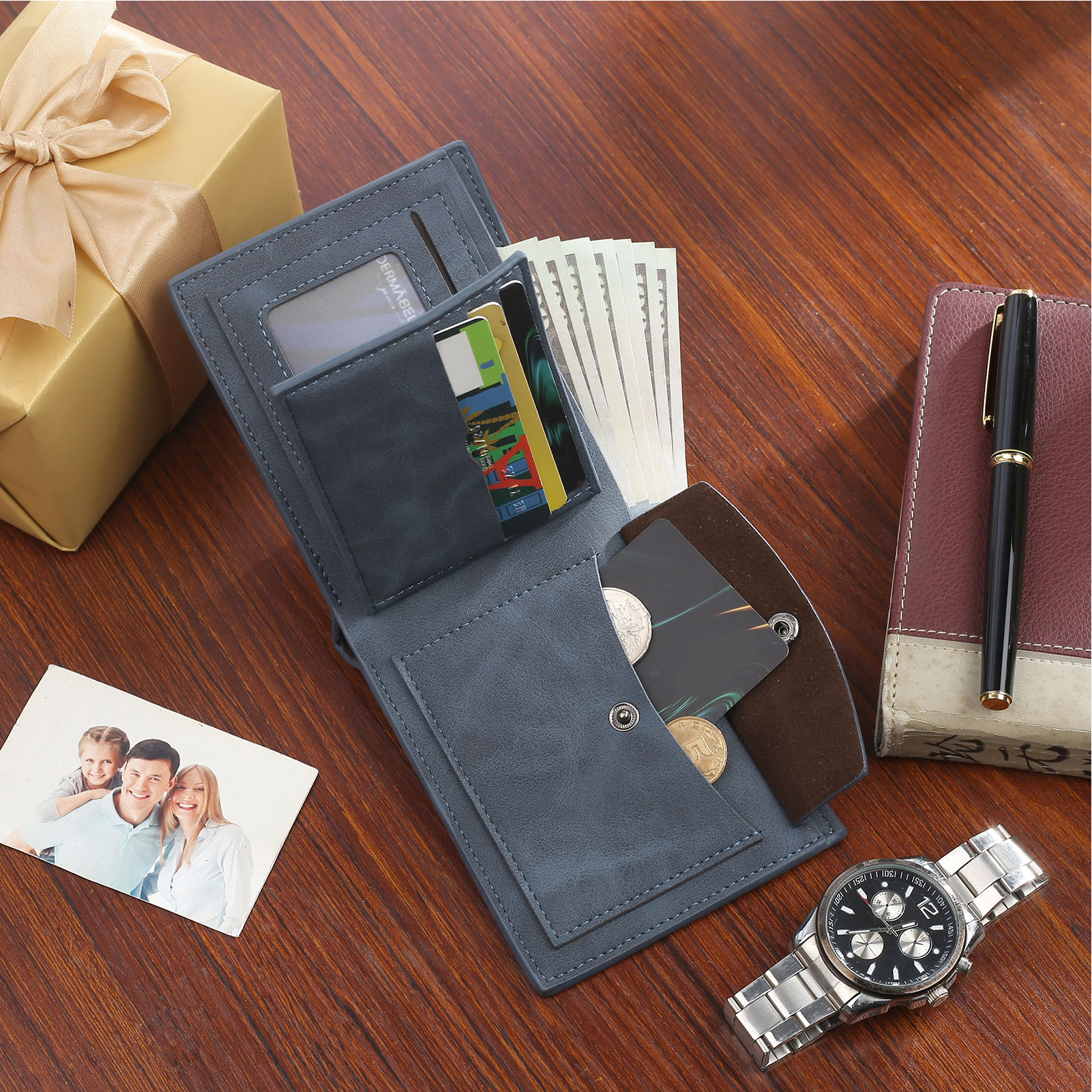 À mon Papa - Portefeuille Poings 5 Prénoms Personnalisés avec Photo Classique Homme Porte-Monnaie Carte