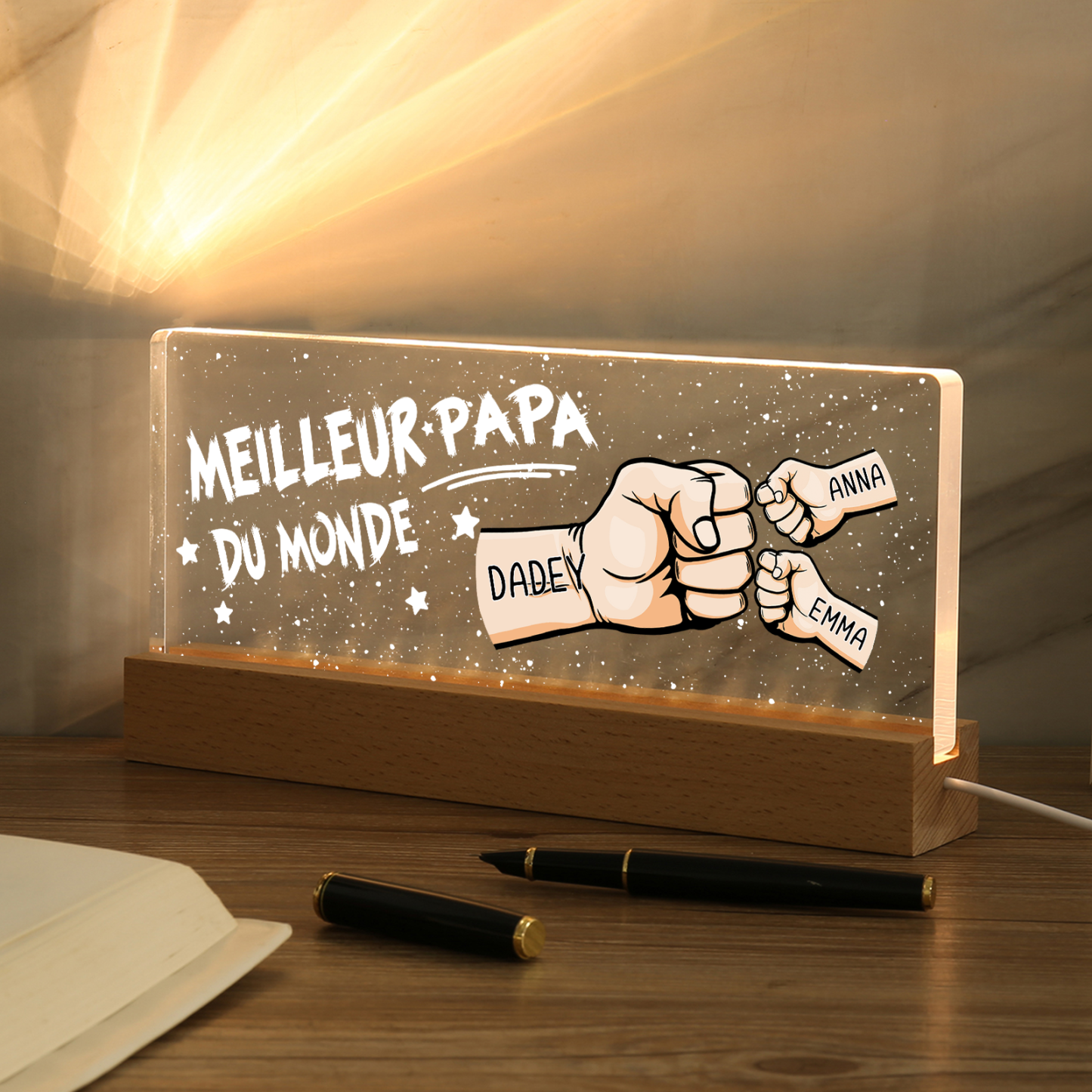 À mon Papa- Lampe de chevet LED Poings 3 Prénoms Personnalisés